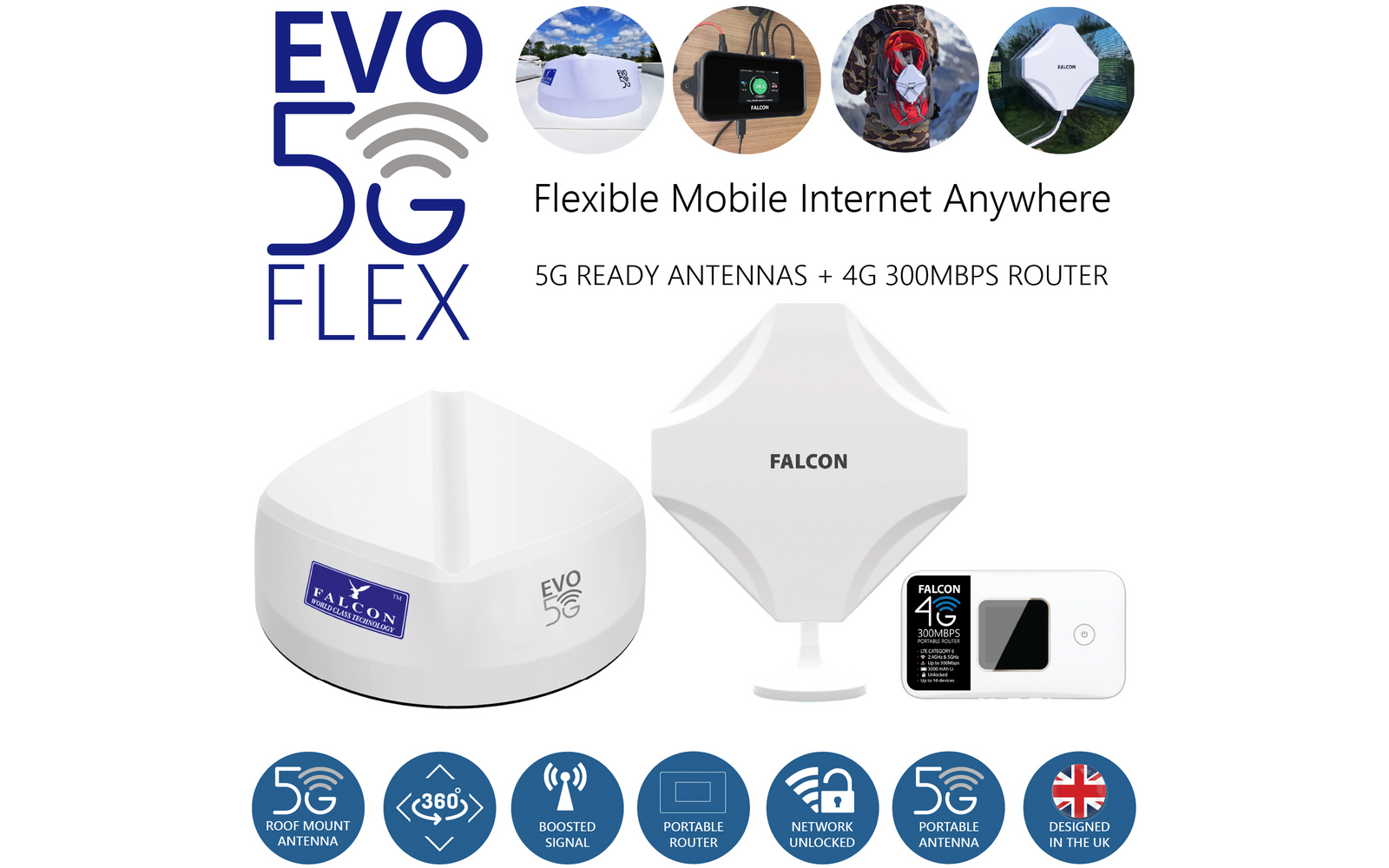 Witte 5G-router met flexibele mobiele antennekern, daarnaast twee witte sectorantennes en een smartphone met 5G-symbool
