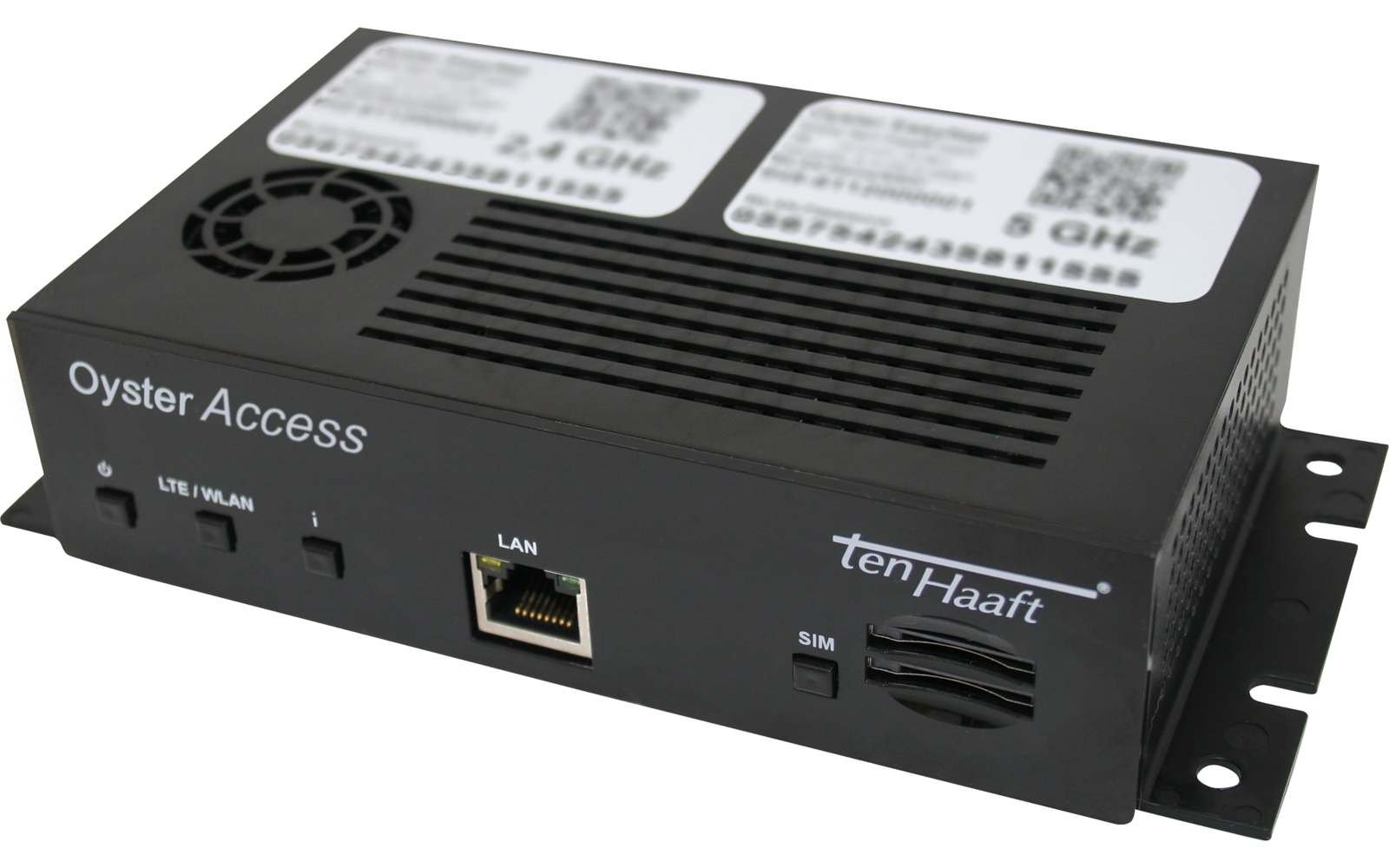 Schwarze rechteckige Metallbox mit Lüftungsschlitzen oben, Aufklebern oben, Aufdruck "Oyster Access" vorne, RJ45-LAN-Buchse, SIM-Kartenfach mit Beschriftung "SIM", Markentext rechts und Montageflanschen an den Seiten