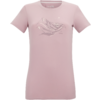 Rosa T‑Shirt mit kurzen Ärmeln und Rundhalsausschnitt, mittig auf der Brust ein skizzenhaftes Bergmotiv, ein kleiner Kreis oberhalb des Motivs und ein kleiner Schriftzug neben dem Motiv
