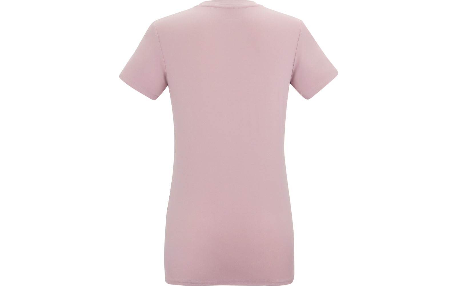 Rosa T‑Shirt, Rückansicht, kurze Ärmel, runder Halsausschnitt, glatter Stoff, weißer Hintergrund