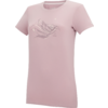 Hellrosa T-Shirt mit kurzen Ärmeln, Rundhalsausschnitt und linearem Bergmotiv auf der Brust