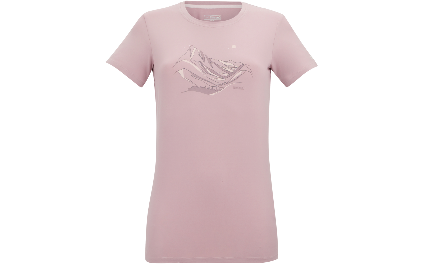 Rosa T‑Shirt mit kurzen Ärmeln und Rundhalsausschnitt, mittig auf der Brust ein skizzenhaftes Bergmotiv, ein kleiner Kreis oberhalb des Motivs und ein kleiner Schriftzug neben dem Motiv