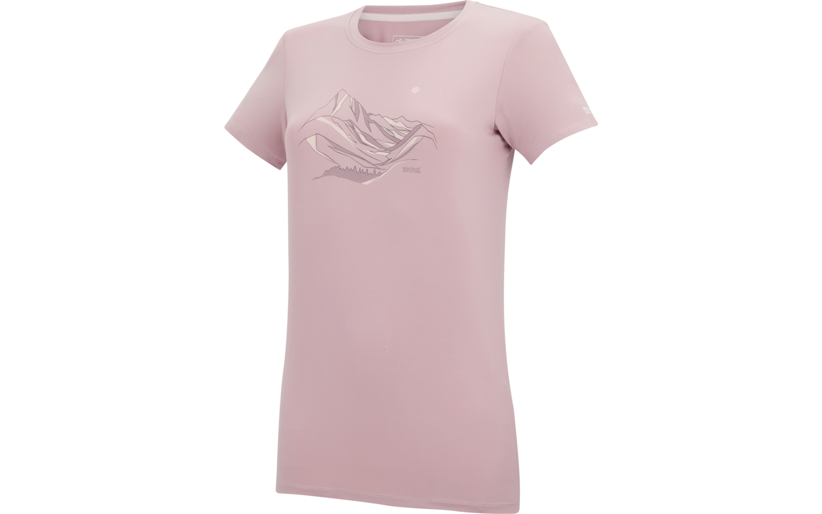 Hellrosa T-Shirt mit kurzen Ärmeln, Rundhalsausschnitt und linearem Bergmotiv auf der Brust