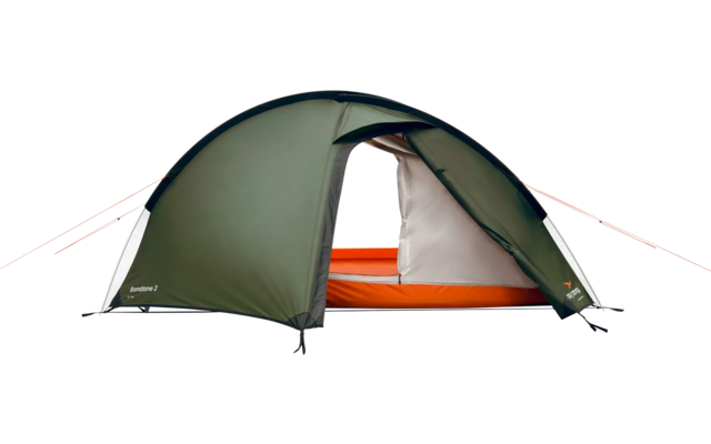 Grünes Ein-Personen-Zelt mit orangem Innenraum