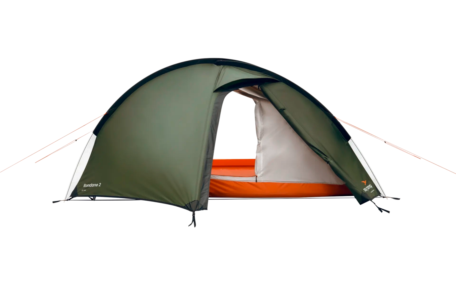 Grünes Ein-Personen-Zelt mit orangem Innenraum