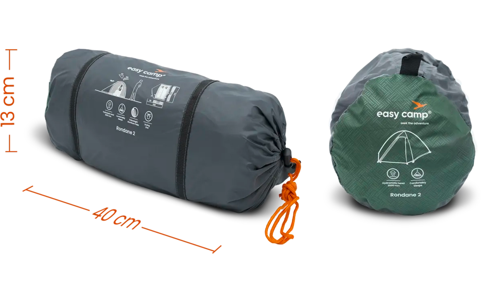 Ein grauer Campingkocher neben einer grünen Tragetasche mit Trockennetz