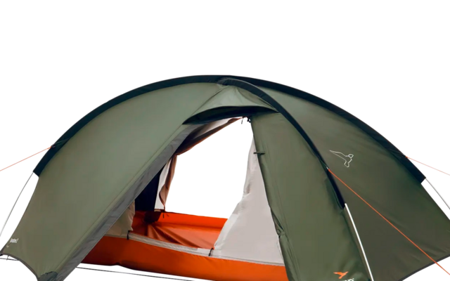 Grünes Zelt mit orangem Innenraum auf weißem Hintergrund