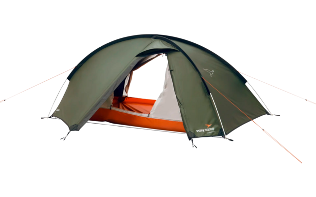 Grünes Zelt mit orangem Innenraum auf weißem Hintergrund