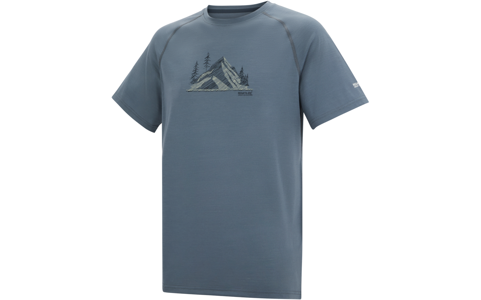 Blaugraues T-Shirt mit kurzen Ärmeln und rundem Ausschnitt, Raglannähte, Brustmotiv mit Bergen und Nadelbäumen, kleines Logo am linken Ärmel