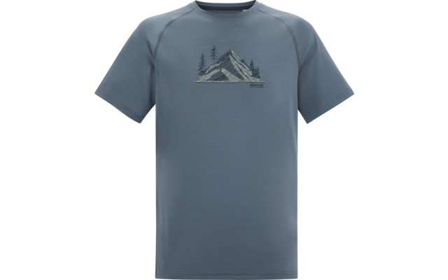 Blaugraues kurzärmeliges T‑Shirt mit Rundhalsausschnitt, mittig auf der Brust gedruckte Bergillustration mit Tannen und kleiner Schrift darunter