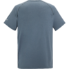 Rückansicht eines einfarbigen blaugrauen T-Shirts mit kurzen Ärmeln, sichtbaren Nähten und kleinem Logo auf dem linken Ärmel