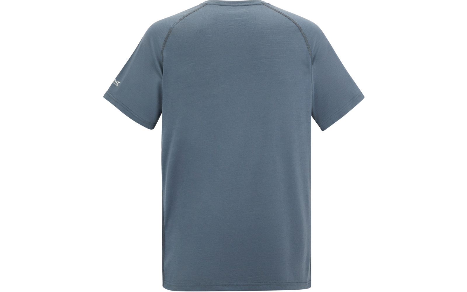 Rückansicht eines einfarbigen blaugrauen T-Shirts mit kurzen Ärmeln, sichtbaren Nähten und kleinem Logo auf dem linken Ärmel