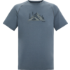 Blaugraues kurzärmeliges T‑Shirt mit Rundhalsausschnitt, mittig auf der Brust gedruckte Bergillustration mit Tannen und kleiner Schrift darunter