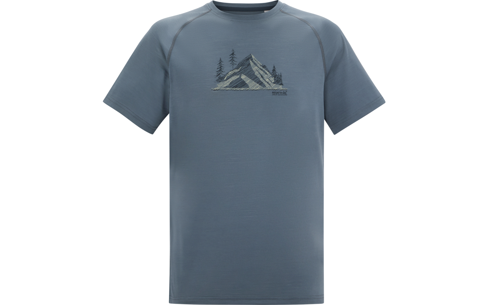 Blaugraues kurzärmeliges T‑Shirt mit Rundhalsausschnitt, mittig auf der Brust gedruckte Bergillustration mit Tannen und kleiner Schrift darunter