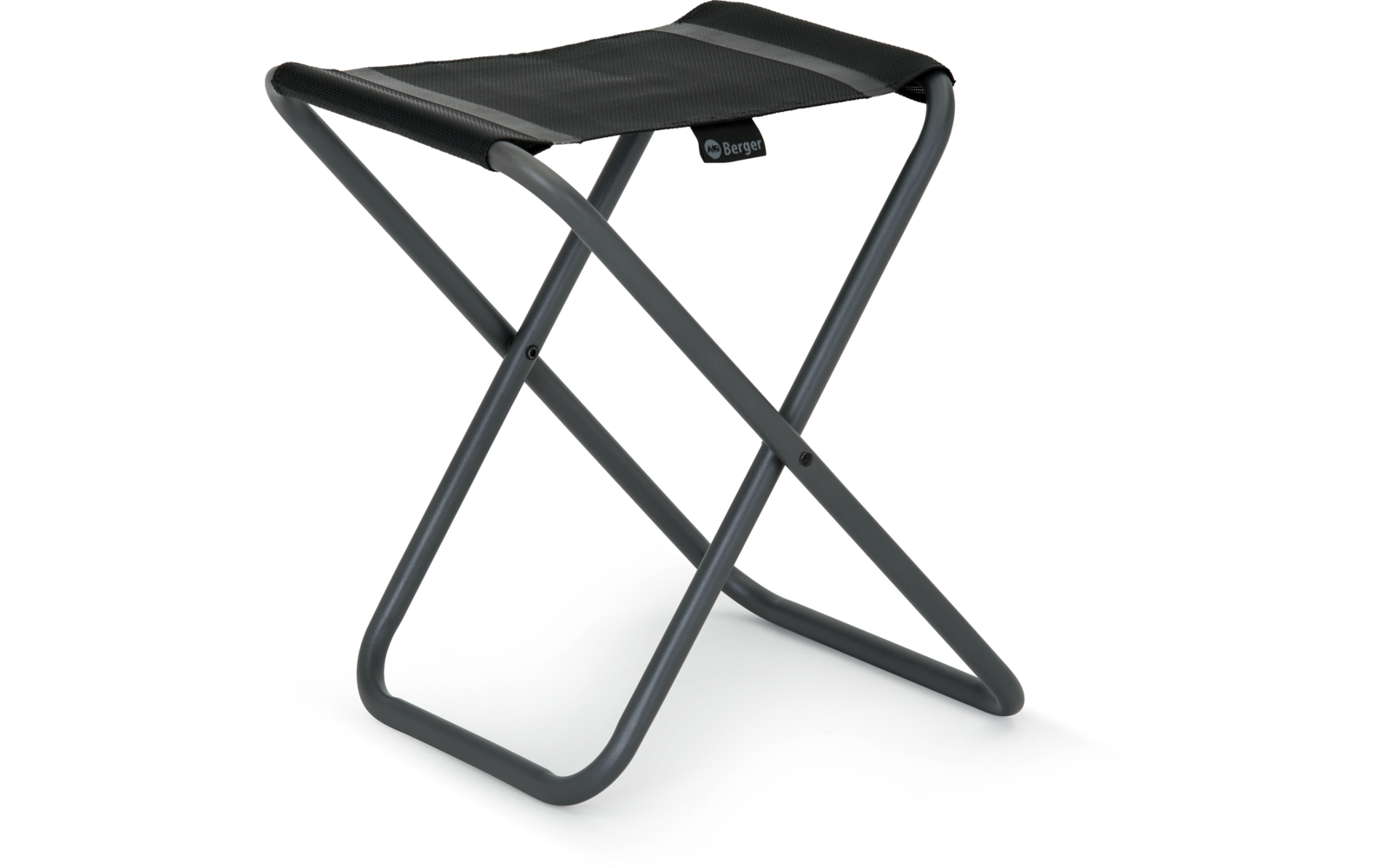 Kleiner faltbarer Hocker mit schwarzem Sitz und Metallbeinen