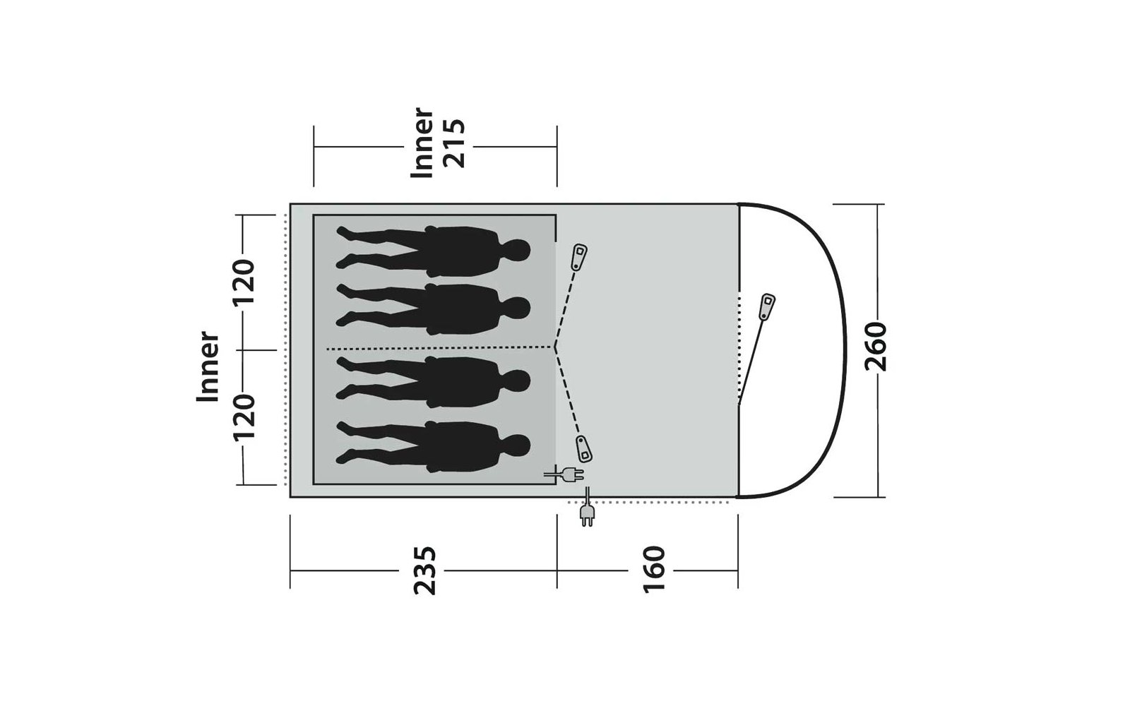 Schematische Draufsicht: fünf schwarze Menschensilhouetten links, rechteckige Fläche mit abgerundetem rechten Ende, Maßangaben 215, 260, 235, 160, 120, Pfeile, gestrichelte Linien und kleine Symbole