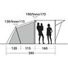 Zelt mit vorgelagertem Vordach und Gestänge, Bodenlinie, zwei stehende Silhouetten (eine kleinere neben einer größeren) sowie Maßangaben 120, 115, 160, 395 und 130/Inner115, 190/Inner175