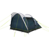 Dunkelgrün-graues Campingzelt mit weißem Überzelt, bogenförmigem Eingang, seitlichem Fenster, Metallstangen und neongelben Abspannleinen im Boden verankert