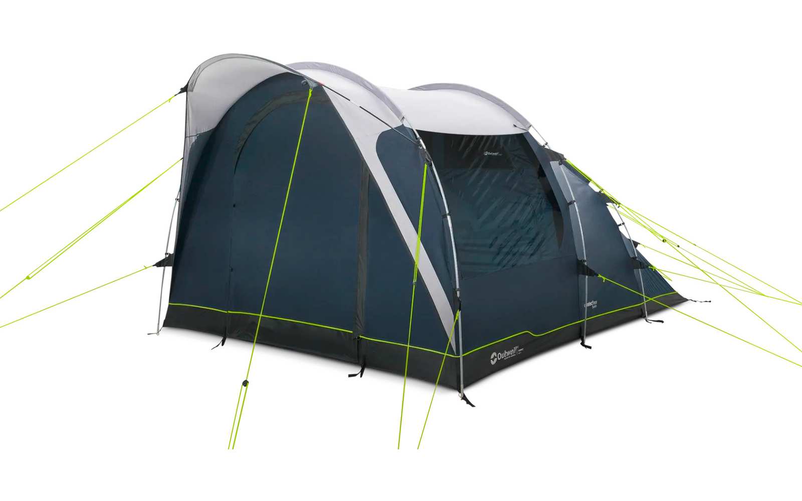 Dunkelgrün-graues Campingzelt mit weißem Überzelt, bogenförmigem Eingang, seitlichem Fenster, Metallstangen und neongelben Abspannleinen im Boden verankert