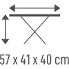 Pictogram van een tafel met een horizontaal blad en kruisende poten, bovenaan een dubbelzijdige horizontale pijl, links een dubbelzijdige verticale pijl en de tekst '57 x 41 x 40 cm' eronder
