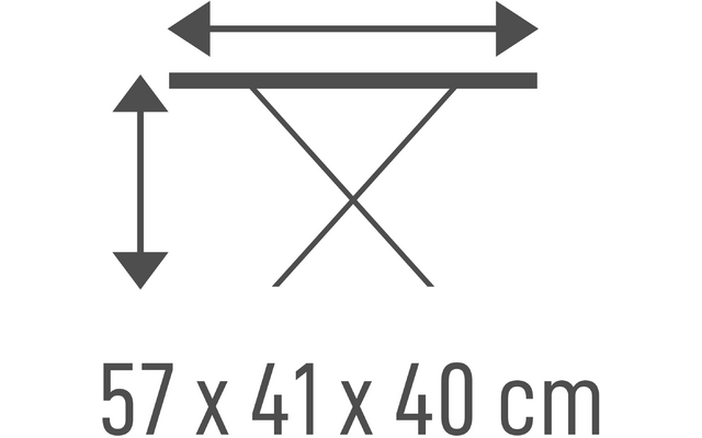 Pictogram van een tafel met een horizontaal blad en kruisende poten, bovenaan een dubbelzijdige horizontale pijl, links een dubbelzijdige verticale pijl en de tekst '57 x 41 x 40 cm' eronder