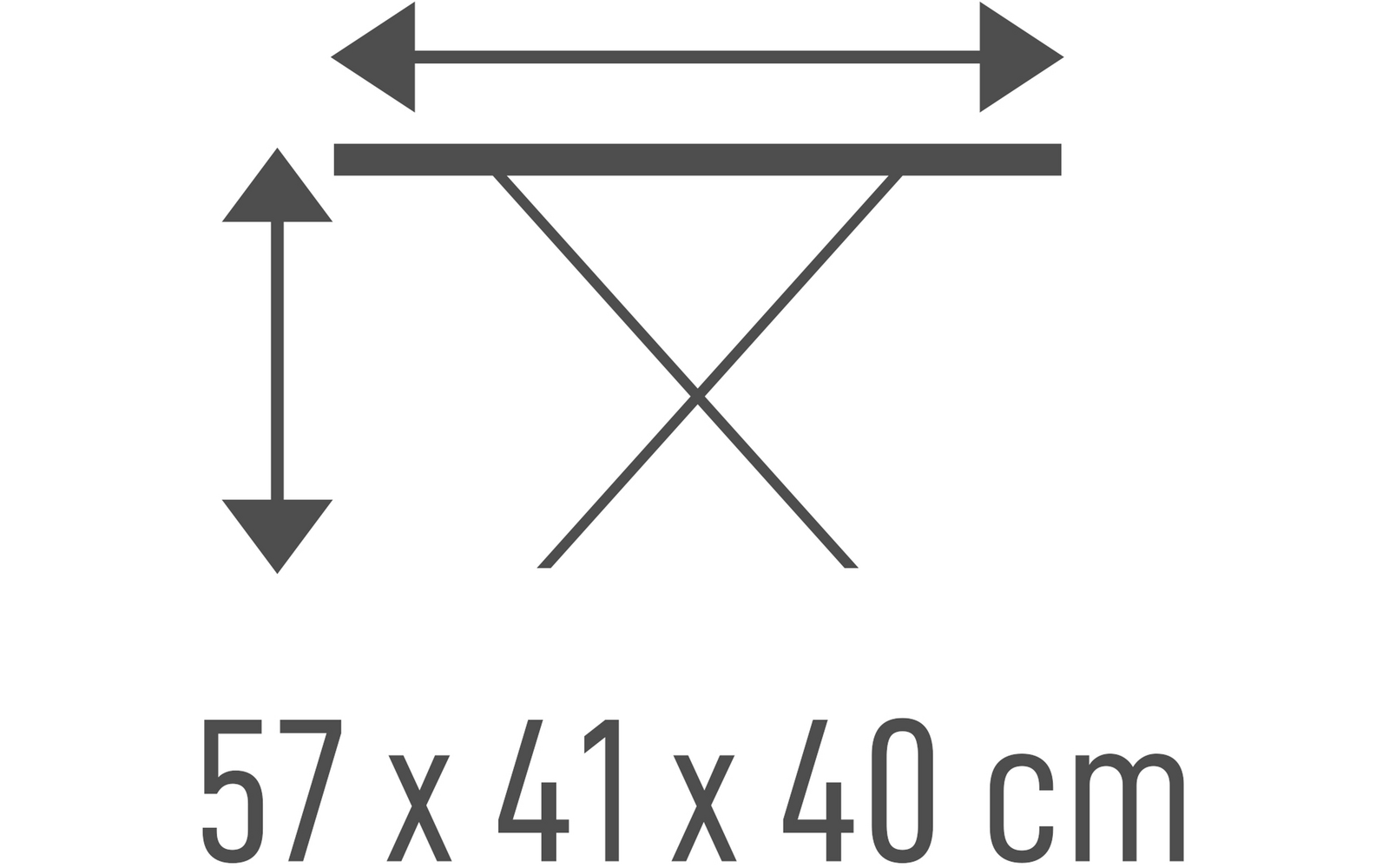 Pictogram van een tafel met een horizontaal blad en kruisende poten, bovenaan een dubbelzijdige horizontale pijl, links een dubbelzijdige verticale pijl en de tekst '57 x 41 x 40 cm' eronder