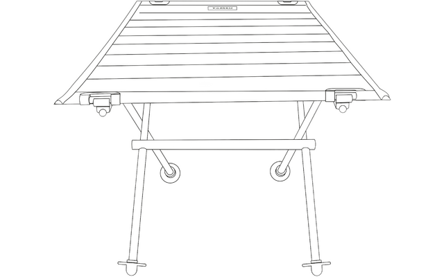 Rechteckige Oberfläche mit horizontalen Latten, darunter zwei gekreuzte Metallstreben, zwei Standbeine mit runden Befestigungspunkten und Gummifüßen