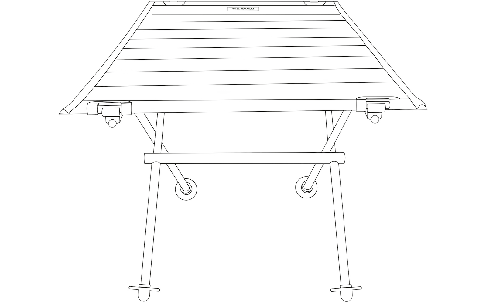 Rechteckige Oberfläche mit horizontalen Latten, darunter zwei gekreuzte Metallstreben, zwei Standbeine mit runden Befestigungspunkten und Gummifüßen