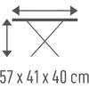 Symbol eines Tisches mit horizontaler Platte und gekreuzten Beinen, oben ein doppelseitiger horizontaler Pfeil, links ein doppelseitiger vertikaler Pfeil, darunter der Text '57 x 41 x 40 cm'