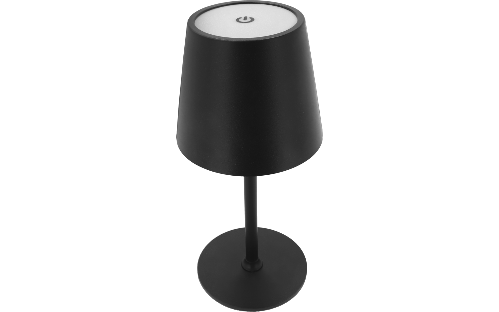 Schwarze Tischlampe mit konischer Schirmform, dünnem Stiel, runder Basis und weißer Oberseite mit Power-Symbol