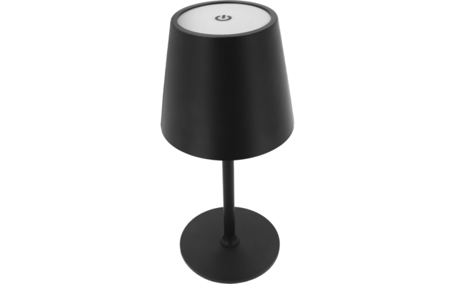 Schwarze Tischlampe mit konischer Schirmform, dünnem Stiel, runder Basis und weißer Oberseite mit Power-Symbol