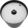 Draufsicht auf einen runden schwarzen Zylinder mit weißer Innenfläche, mittig metallischer, gewindeter Anschluss und kleiner rechteckiger Schlitz am Rand