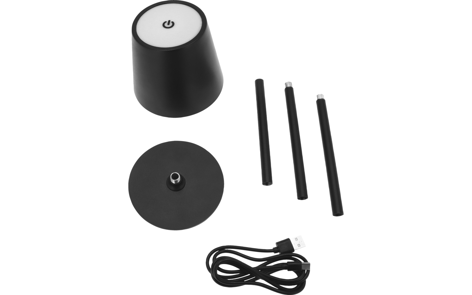 Schwarzes konisches Gerät mit weißer Oberseite und Ein-/Ausschaltsymbol, runde schwarze Scheibe mit Metallstift in der Mitte, drei kurze schwarze Stangen nebeneinander, aufgerolltes schwarzes USB-Kabel mit USB‑A-Stecker