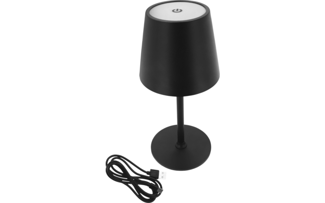 Schwarze Tischlampe mit rundem Fuß, dünnem Stiel, konischem Schirm mit weißer Fläche oben und Ein-/Aus-Symbol, daneben aufgewickeltes USB-A-Kabel