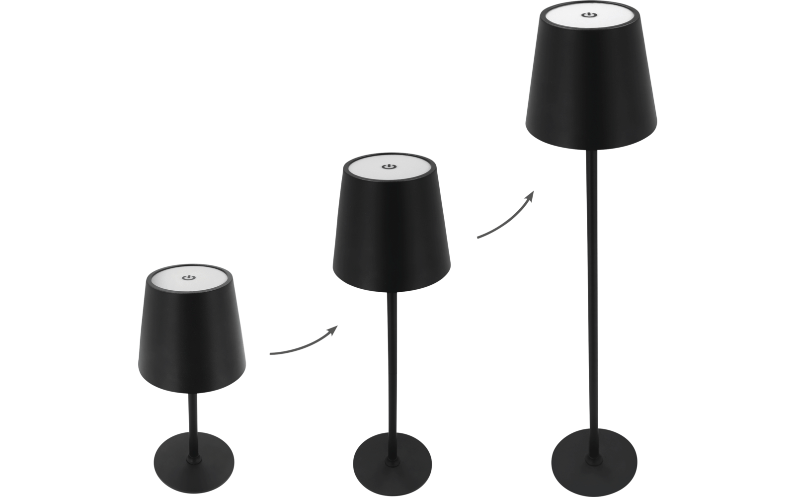 Drei schwarze Lampen nebeneinander in niedriger, mittlerer und hoher Höhe. Jede Lampe hat einen runden Sockel, einen dünnen Ständer und einen konischen Schirm. Auf jedem Schirm oben ist eine weiße Kreisfläche mit Ein-/Ausschaltsymbol. Graue Pfeile zw