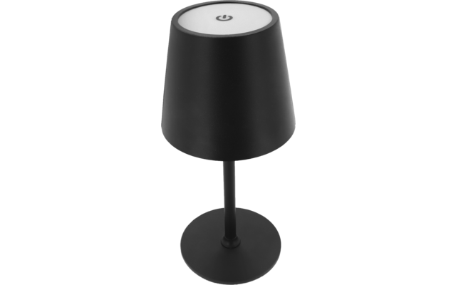 Black table lamp with conical shade, white top showing a power symbol, slim stem and round base