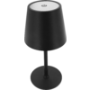 Black table lamp with conical shade, white top showing a power symbol, slim stem and round base