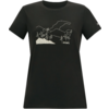 T-shirt nera a maniche corte con un disegno lineare bianco di montagne e piante sul davanti