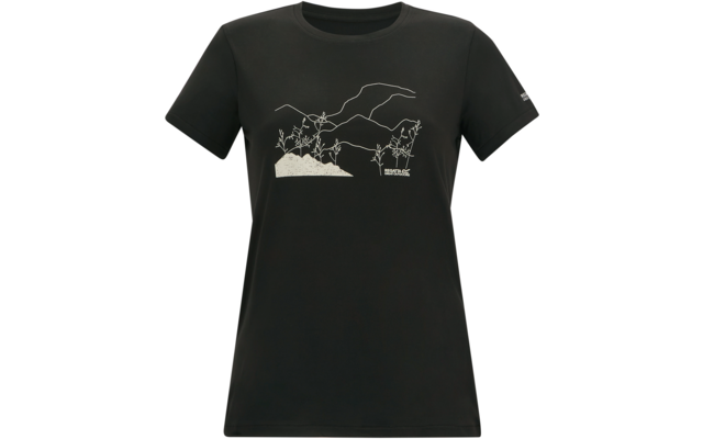 T-shirt nera a maniche corte con un disegno lineare bianco di montagne e piante sul davanti