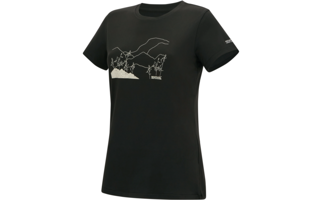 T-shirt nero a maniche corte con scollo rotondo, disegno a linee bianche di montagne e piante sul davanti e piccolo logo bianco sulla manica sinistra