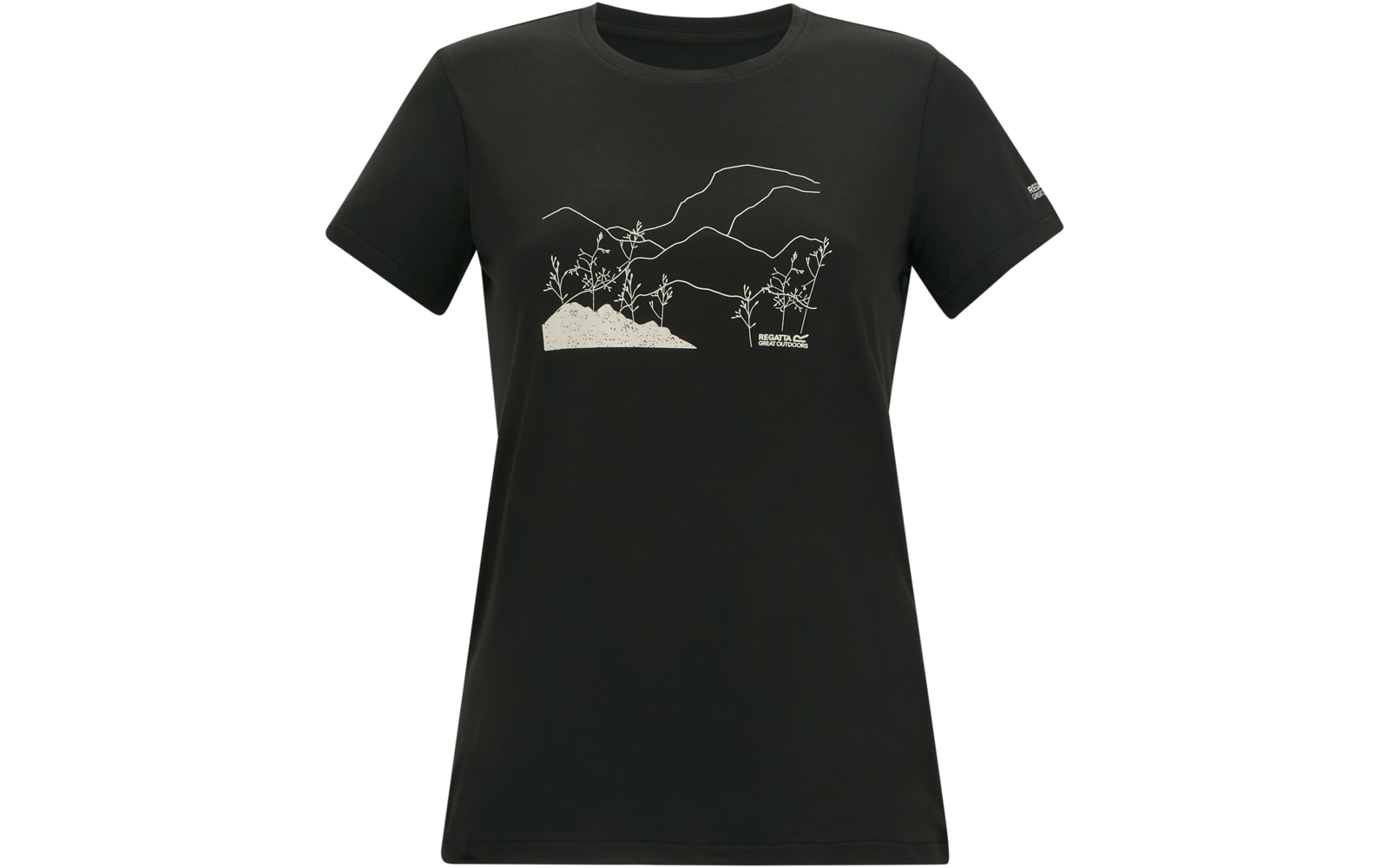 T-shirt nera a maniche corte con un disegno lineare bianco di montagne e piante sul davanti