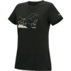 T-shirt nero a maniche corte con scollo rotondo, disegno a linee bianche di montagne e piante sul davanti e piccolo logo bianco sulla manica sinistra