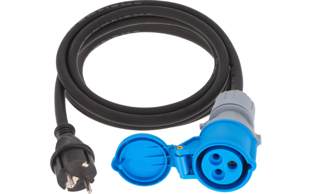 Aufgewickeltes schwarzes Kabel mit schwarzem Stecker mit zwei runden Stiften und blauem dreipoligem Kupplungsstecker mit offenem Klappdeckel