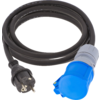 Schwarzes, aufgewickeltes Kabel mit schwarzem Stecker mit zwei runden Metallstiften und blauem, rundem Steckverbinder