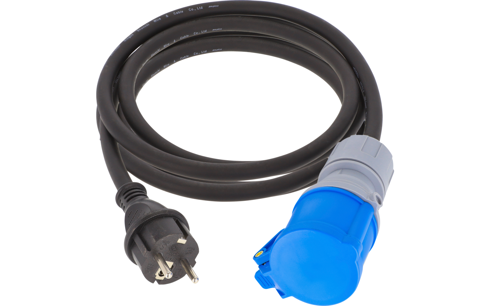 Schwarzes, aufgewickeltes Kabel mit schwarzem Stecker mit zwei runden Metallstiften und blauem, rundem Steckverbinder