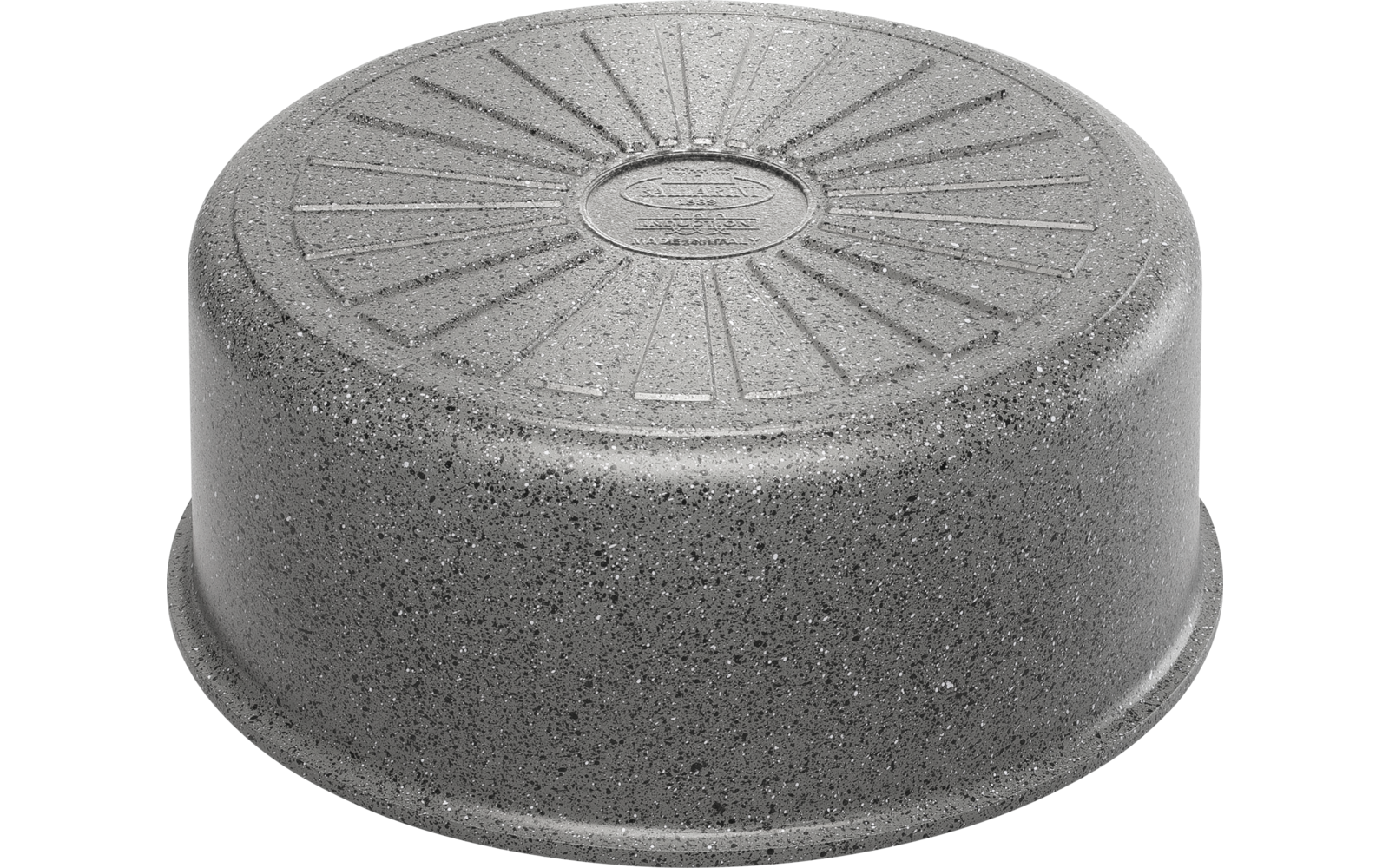 Upside-down round bowl with gray speckled textured surface and radial pattern on the visible side
