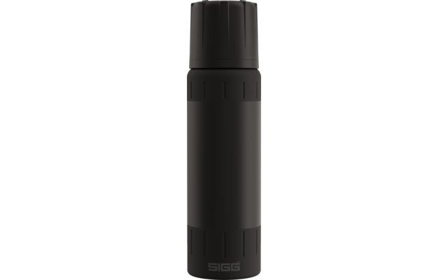 Mattschwarze Thermosflasche mit Schraubdeckel, glattem zylindrischem Körper und SIGG-Logo am unteren Rand