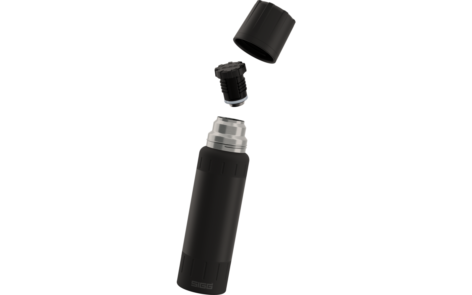 Schwarze Isolierflasche mit abgenommenem Deckel darüber, schwarzem Verschlussstück und sichtbarem silbernen Flaschenhals; SIGG-Logo unten