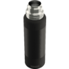 Schwarze Flasche mit sichtbarer metallischer Trinköffnung oben, gerippte Bereiche oben und unten, Schriftzug 'SIGG' am unteren Rand