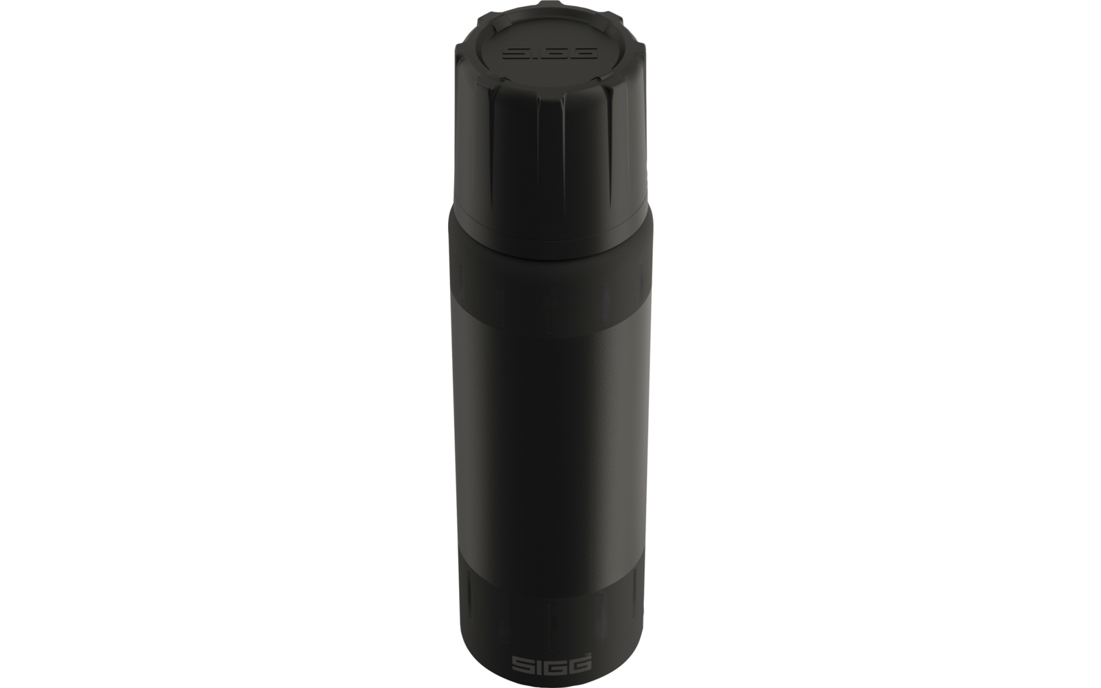 Schwarzes, zylindrisches Objekt mit Schraubdeckel, geriffelten Seiten und sichtbarem "SIGG"-Logo unten